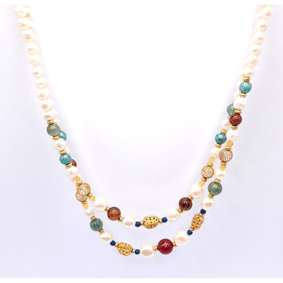 Liz Claiborne Jewelry - Liz Claiborne Double Strand Faux Pearl Necklace Gold Tone 18in
